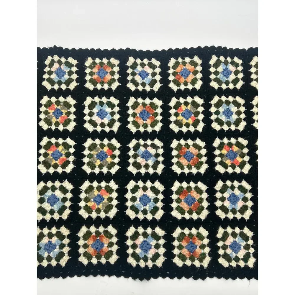 Vintage Crochet Granny Square Afghan Throw Blanket Black Multicolor 39x31 Boho
